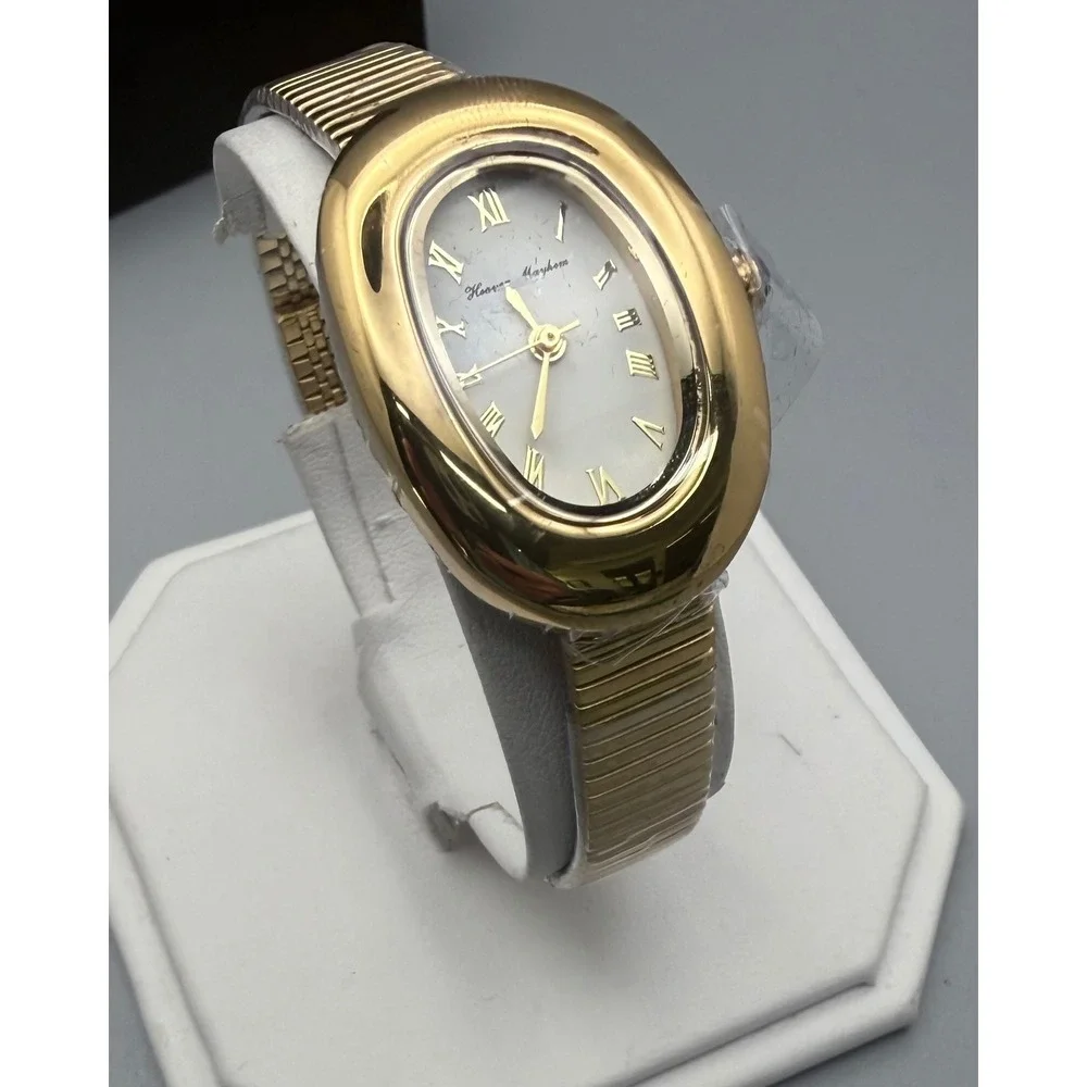 Heaven Mayhem Amara Gold Oval Watch Roman Numerals Stretch Band NIB